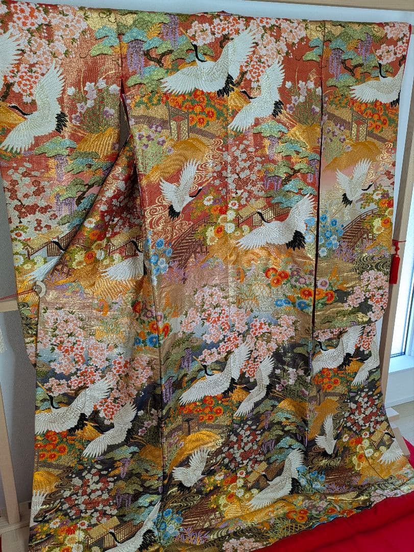 Iro-uchikake Wedding Kimono Karaori Silk with Cranes, Phoenix, Pine and Seasonal Flowers