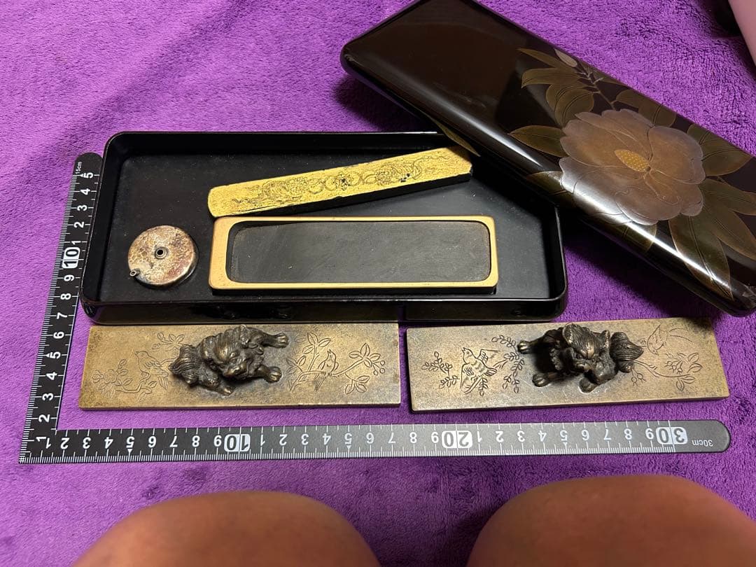 Antique Japanese Calligraphy Set, Makie Lacquer Suzuri Box with Shishi Paperweight