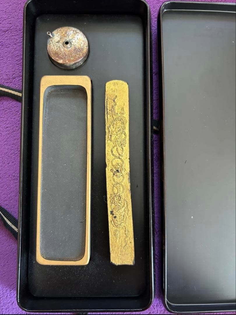 Antique Japanese Calligraphy Set, Makie Lacquer Suzuri Box with Shishi Paperweight