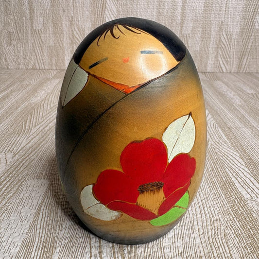 Sosaku Kokeshi Doll by Aoki Ryoka, Camellia Motif, Japanese Folk Craft Figure