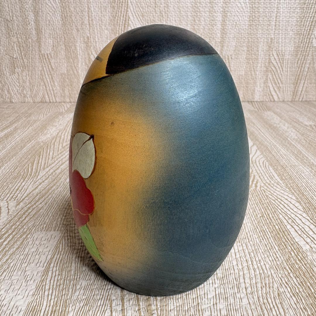 Sosaku Kokeshi Doll by Aoki Ryoka, Camellia Motif, Japanese Folk Craft Figure