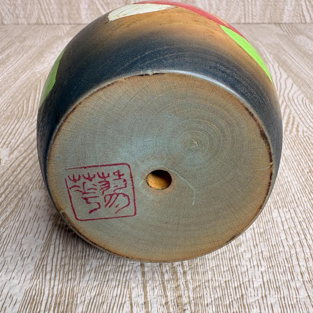 Sosaku Kokeshi Doll by Aoki Ryoka, Camellia Motif, Japanese Folk Craft Figure