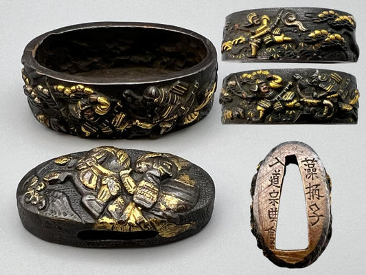 Fuchigashira Set Samurai Figure Gold Zogan Inlay Signed, seller believes Edo-Meiji Mobeishi Nyudo Soten