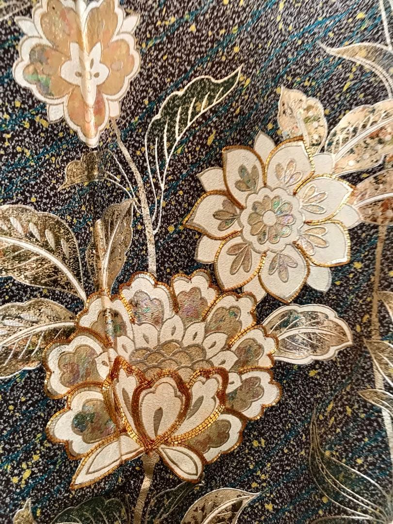 Furisode Silk Kimono Gold Thread Embroidery, Gold Silver Rainbow Foil, Karahana Butterfly, Length 160 cm Sleeve 111 cm Yuki 66 cm