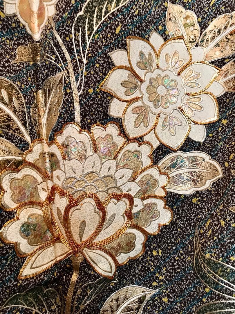 Furisode Silk Kimono Gold Thread Embroidery, Gold Silver Rainbow Foil, Karahana Butterfly, Length 160 cm Sleeve 111 cm Yuki 66 cm