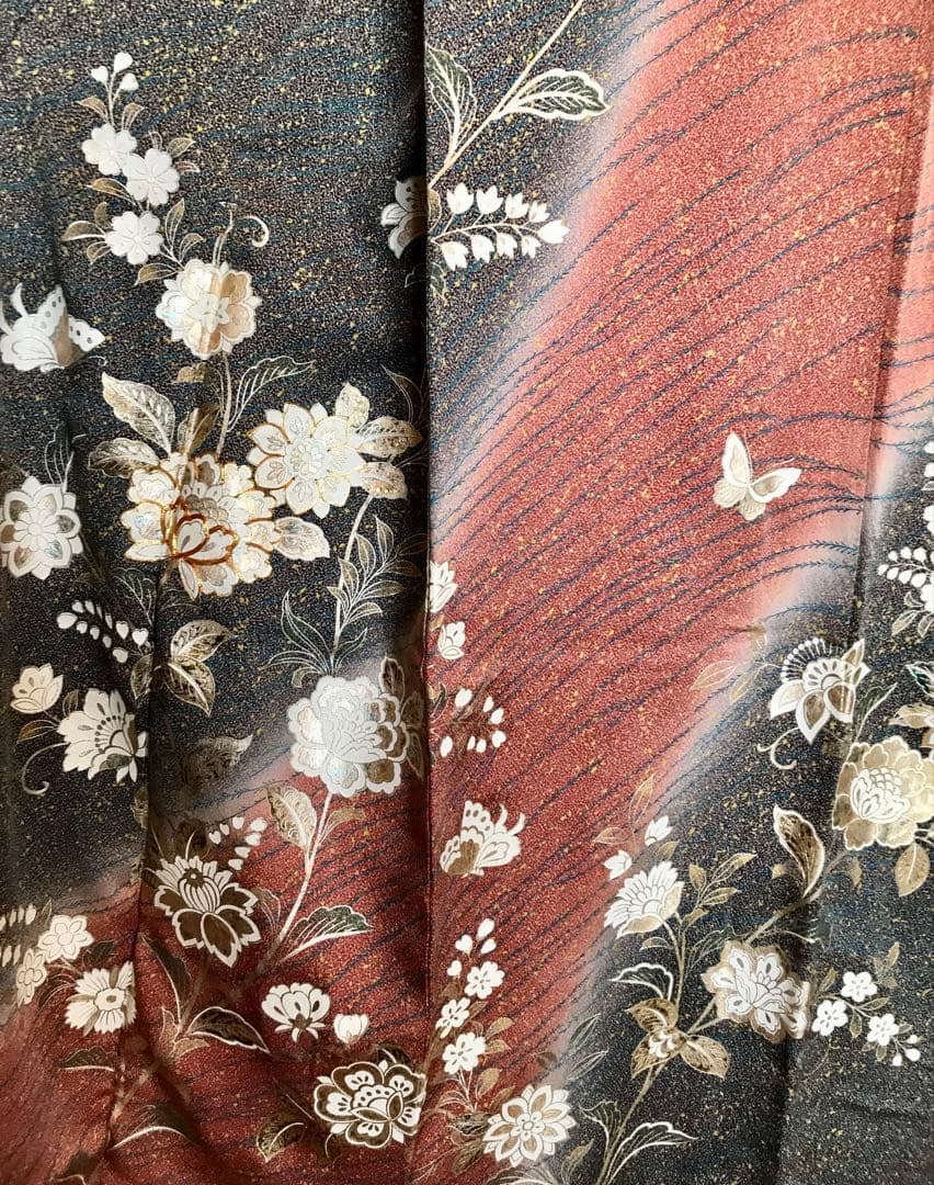 Furisode Silk Kimono Gold Thread Embroidery, Gold Silver Rainbow Foil, Karahana Butterfly, Length 160 cm Sleeve 111 cm Yuki 66 cm