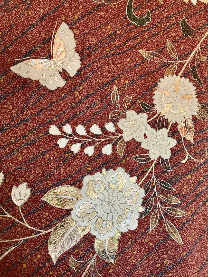 Furisode Silk Kimono Gold Thread Embroidery, Gold Silver Rainbow Foil, Karahana Butterfly, Length 160 cm Sleeve 111 cm Yuki 66 cm