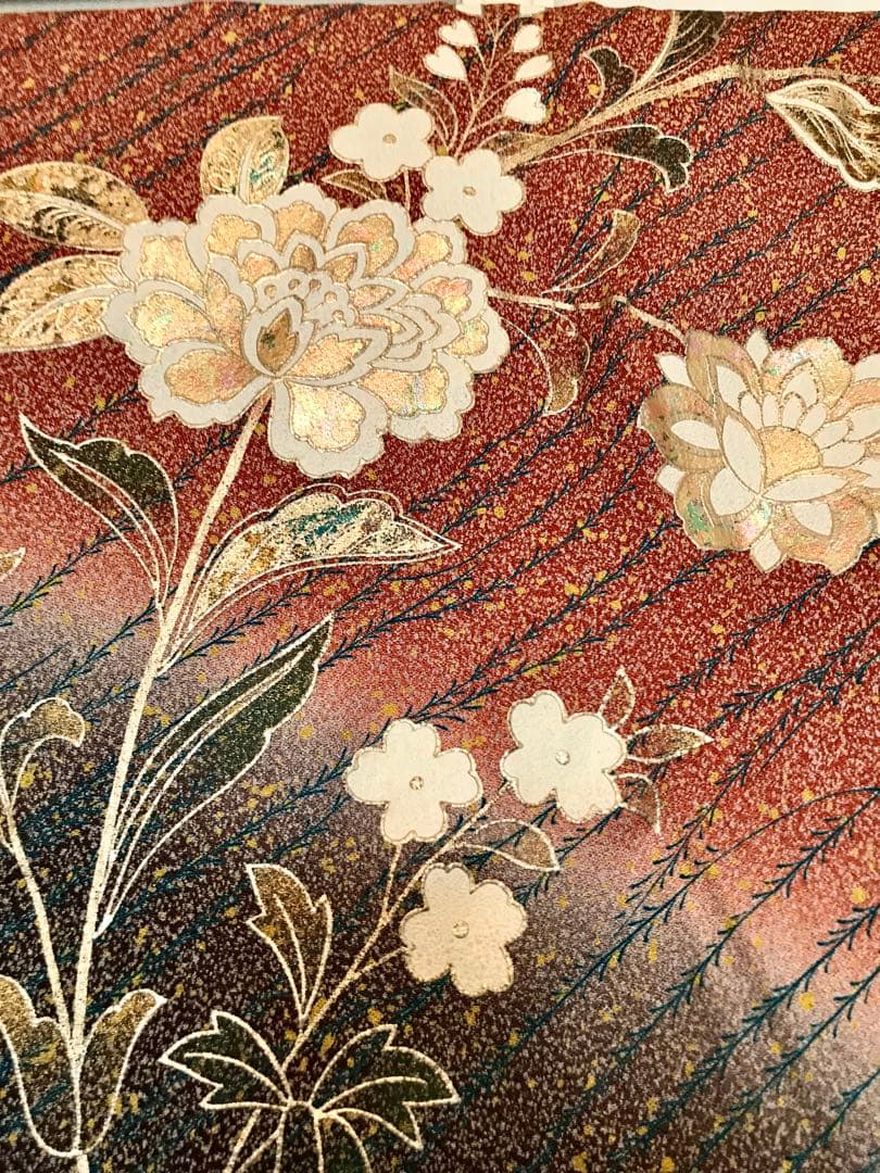 Furisode Silk Kimono Gold Thread Embroidery, Gold Silver Rainbow Foil, Karahana Butterfly, Length 160 cm Sleeve 111 cm Yuki 66 cm