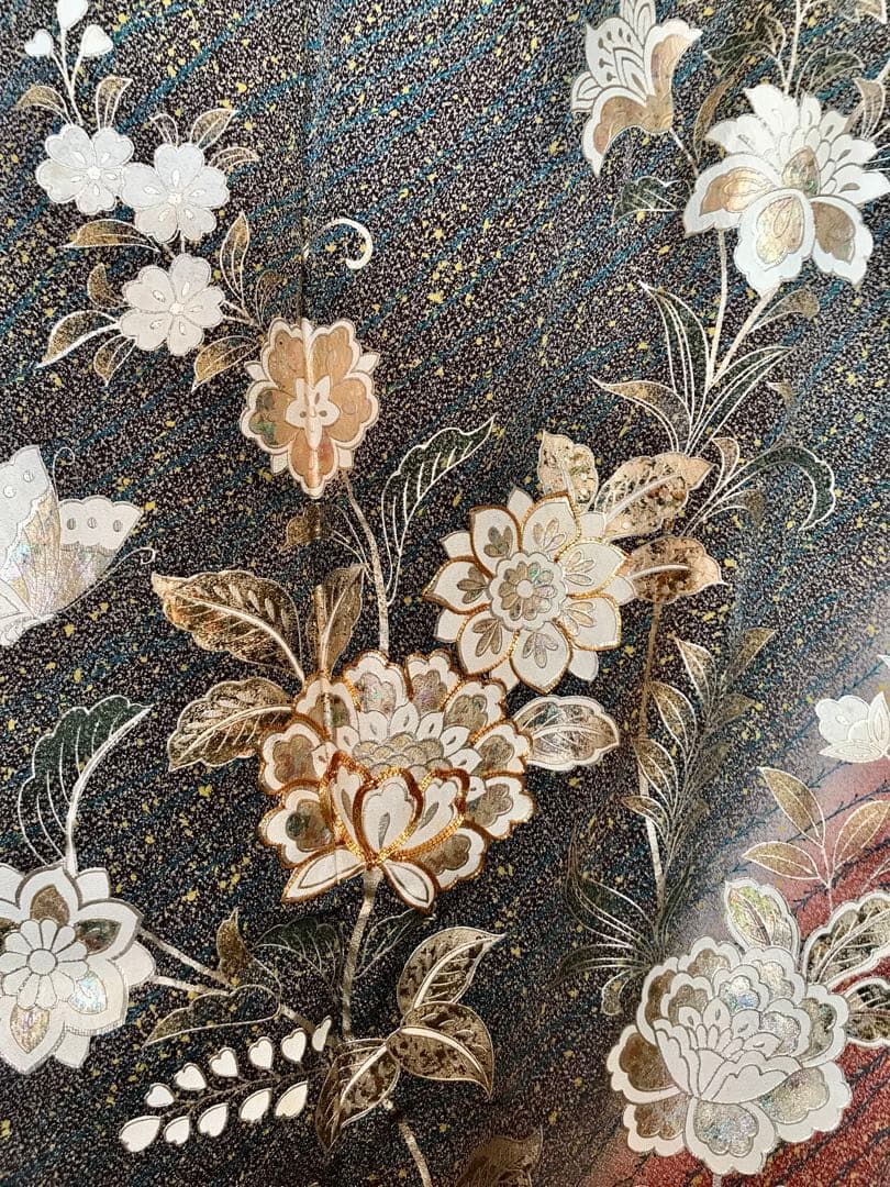 Furisode Silk Kimono Gold Thread Embroidery, Gold Silver Rainbow Foil, Karahana Butterfly, Length 160 cm Sleeve 111 cm Yuki 66 cm
