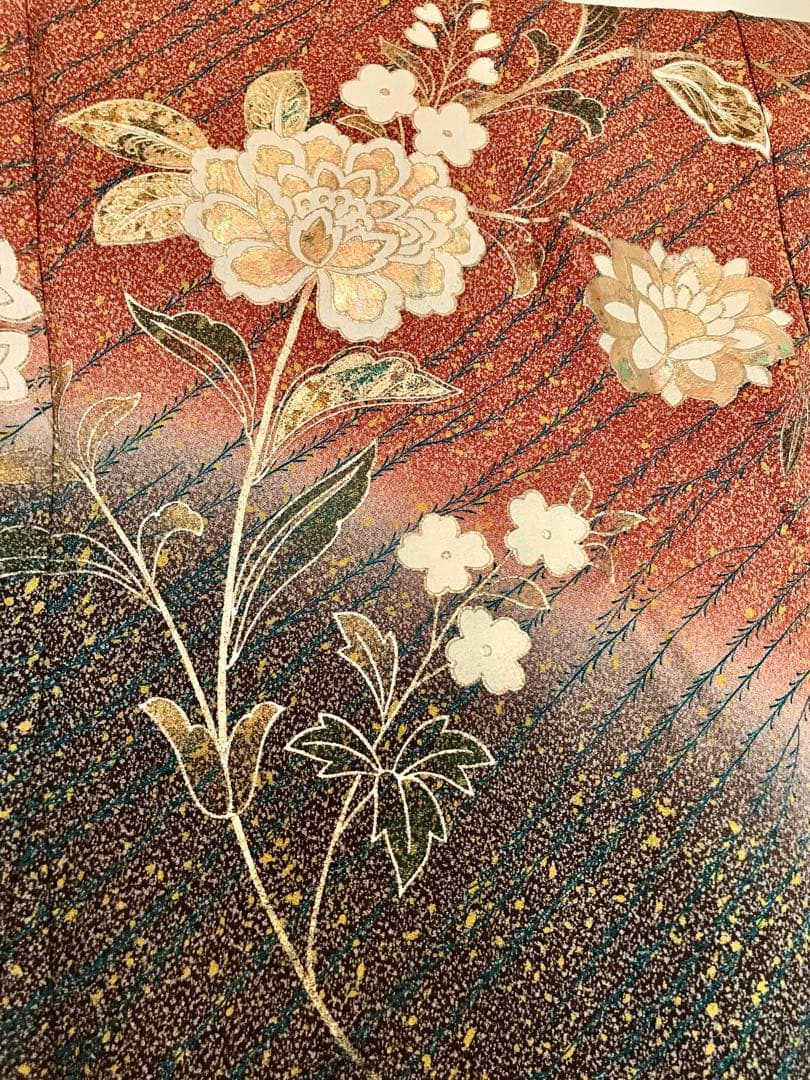 Furisode Silk Kimono Gold Thread Embroidery, Gold Silver Rainbow Foil, Karahana Butterfly, Length 160 cm Sleeve 111 cm Yuki 66 cm