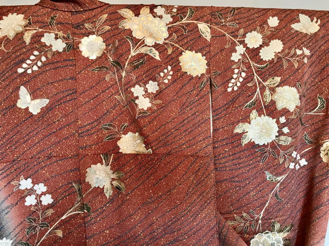 Furisode Silk Kimono Gold Thread Embroidery, Gold Silver Rainbow Foil, Karahana Butterfly, Length 160 cm Sleeve 111 cm Yuki 66 cm