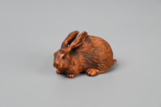 Signed Boxwood Netsuke Rabbit Ishikawa Mei Fine Carved Tsuge Antique Sagemono