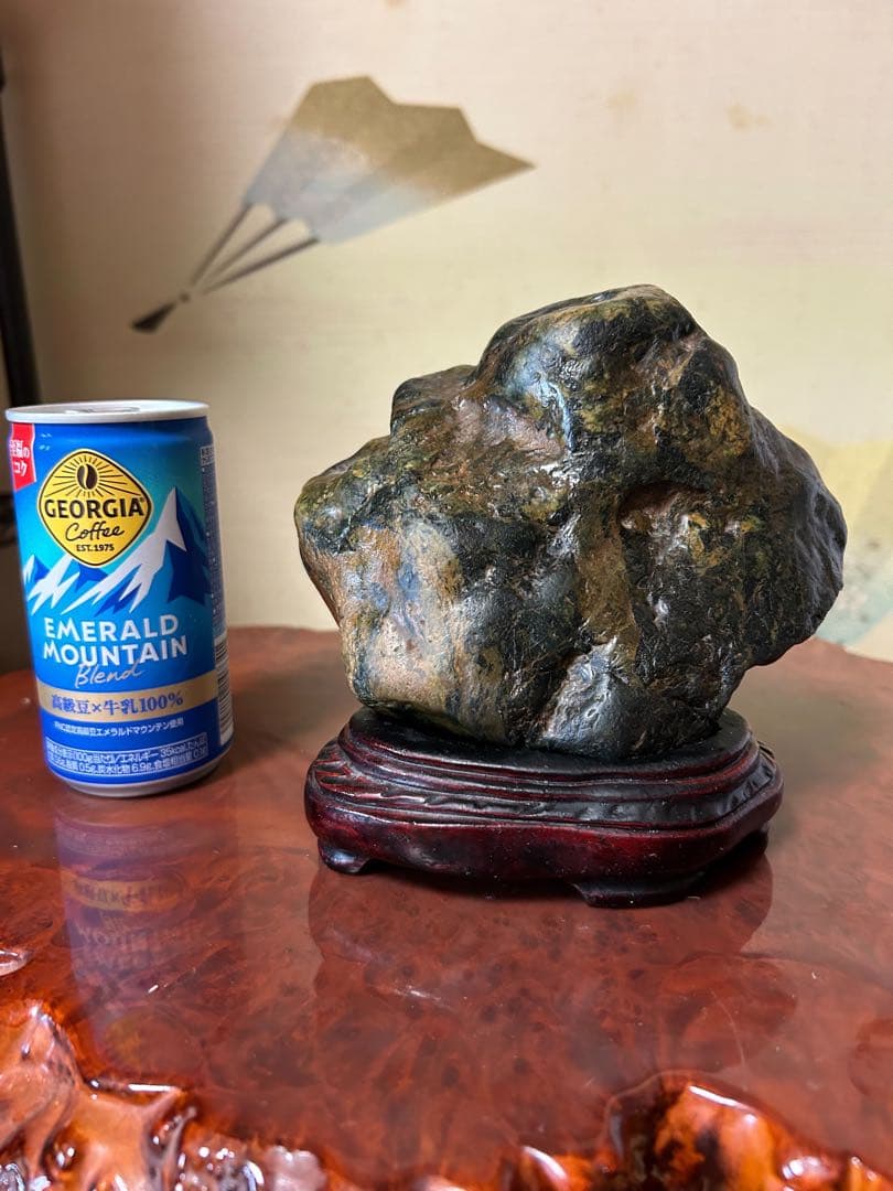 Kamuikotan Suiseki Viewing Stone Green Chlorite Kaya-Ishi with Wooden Stand