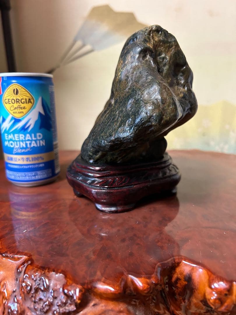 Kamuikotan Suiseki Viewing Stone Green Chlorite Kaya-Ishi with Wooden Stand