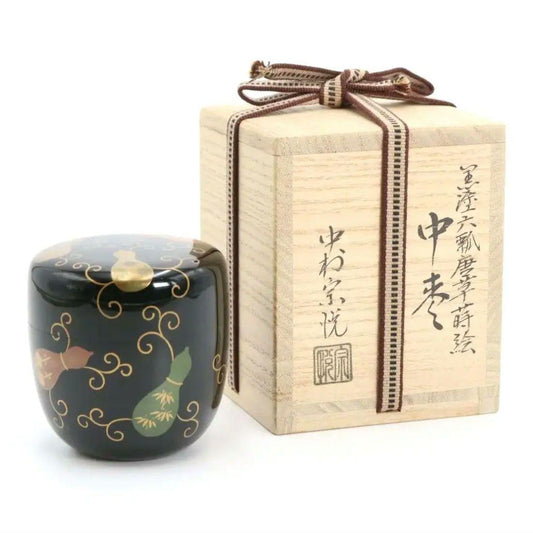 Nakamura Soetsu Chu-natsume Black Lacquer Gourd Karakusa Maki-e Tea Caddy