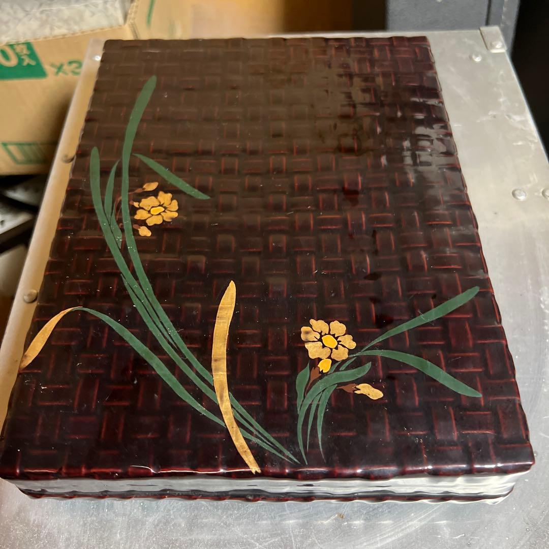 Japanese Lacquer Suzuribako Writing Box, Ajiro Weave with Floral Maki-e