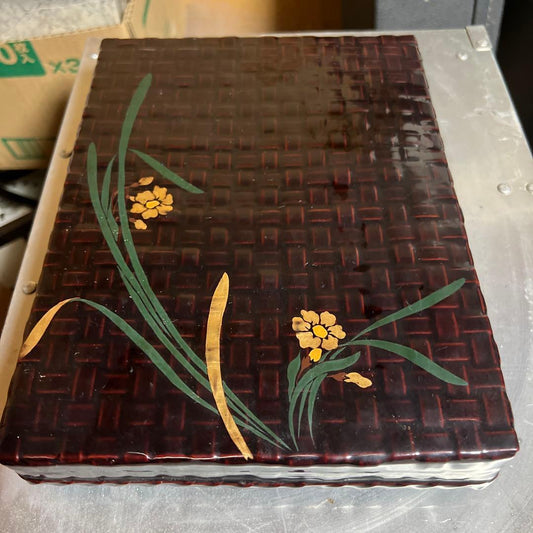 Japanese Lacquer Suzuribako Writing Box, Ajiro Weave with Floral Maki-e
