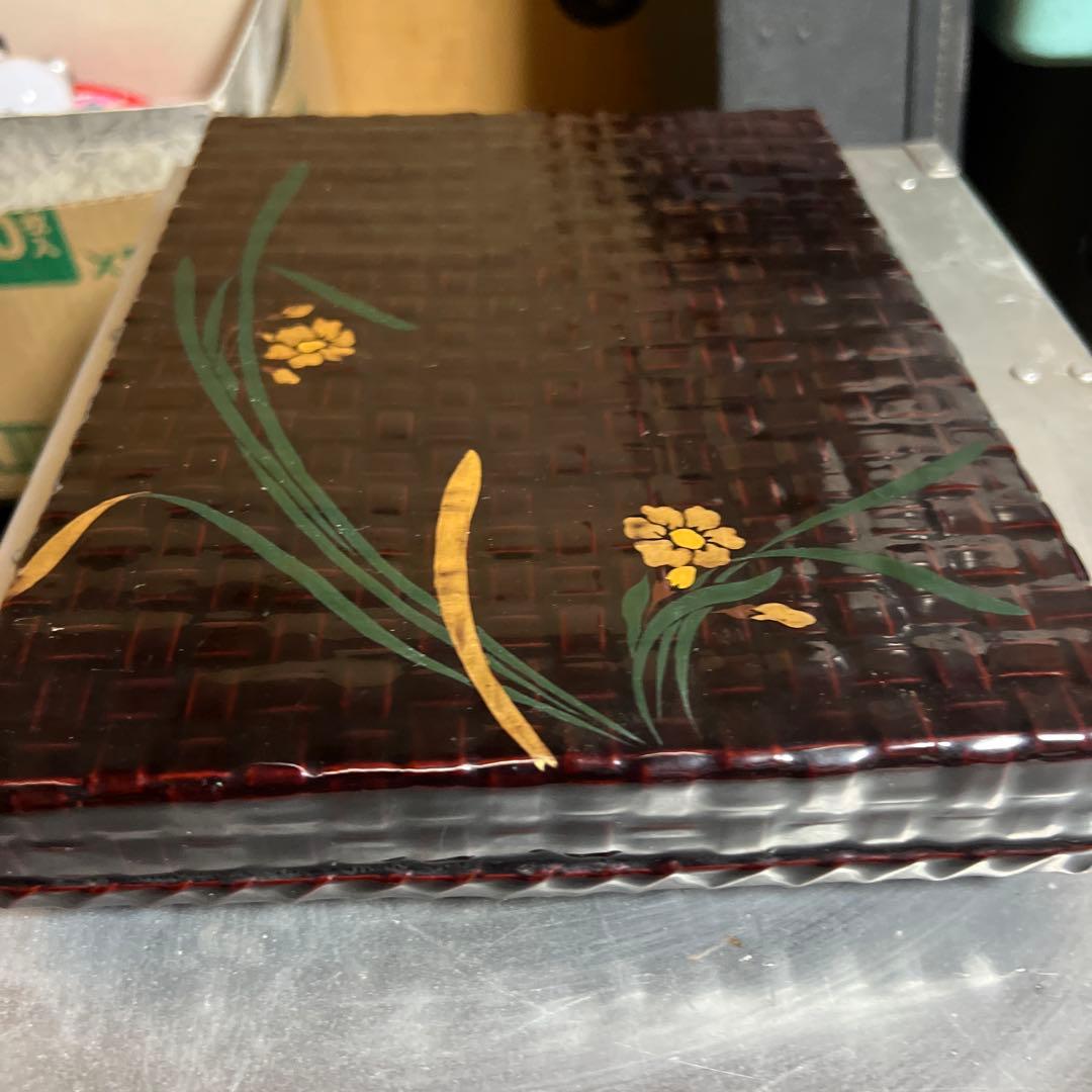 Japanese Lacquer Suzuribako Writing Box, Ajiro Weave with Floral Maki-e