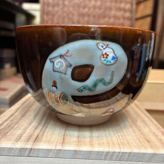 Terao Tozo Tea Ceremony Chawan Tea Bowl Ame-yu Glaze Snake Motif, Tomobako