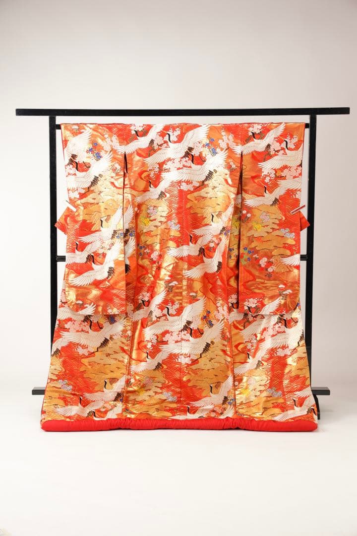 Iro-Uchikake Wedding Kimono, Silk, Crane and Cherry Blossom Gold Thread on Red