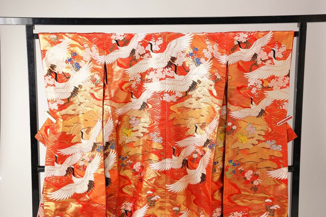 Iro-Uchikake Wedding Kimono, Silk, Crane and Cherry Blossom Gold Thread on Red