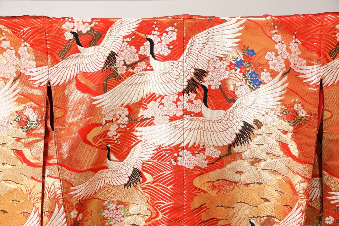 Iro-Uchikake Wedding Kimono, Silk, Crane and Cherry Blossom Gold Thread on Red