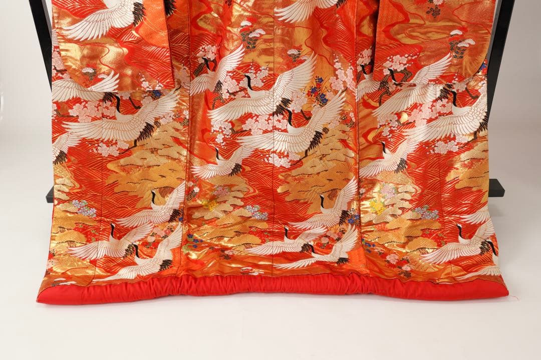 Iro-Uchikake Wedding Kimono, Silk, Crane and Cherry Blossom Gold Thread on Red