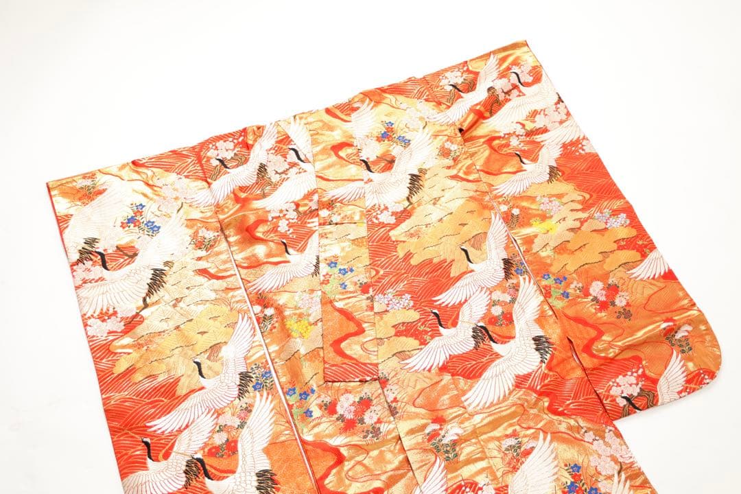 Iro-Uchikake Wedding Kimono, Silk, Crane and Cherry Blossom Gold Thread on Red