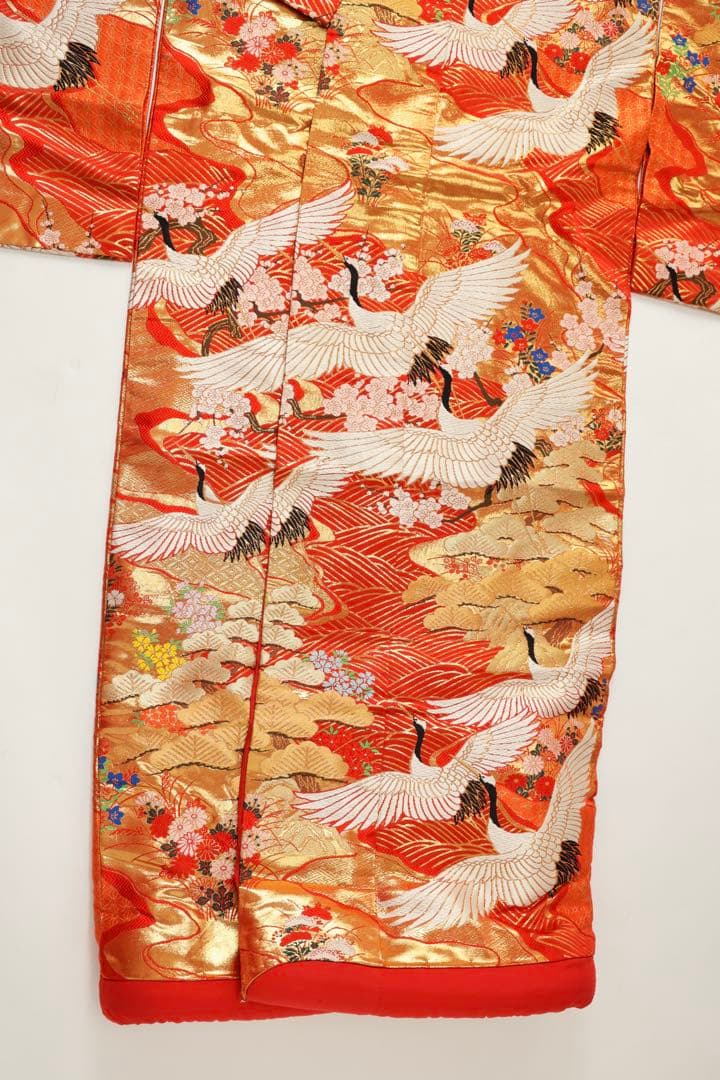 Iro-Uchikake Wedding Kimono, Silk, Crane and Cherry Blossom Gold Thread on Red