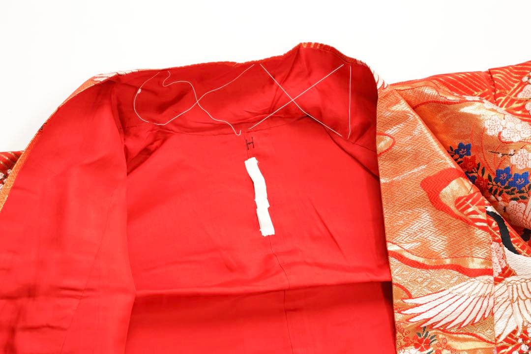 Iro-Uchikake Wedding Kimono, Silk, Crane and Cherry Blossom Gold Thread on Red