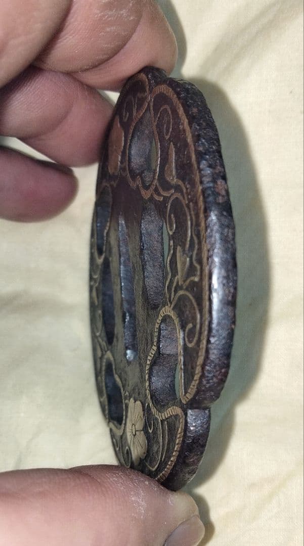 Heianjo Iron Tsuba Brass Inlay Mokko Inome Openwork, Momoyama-Edo Period, with Box