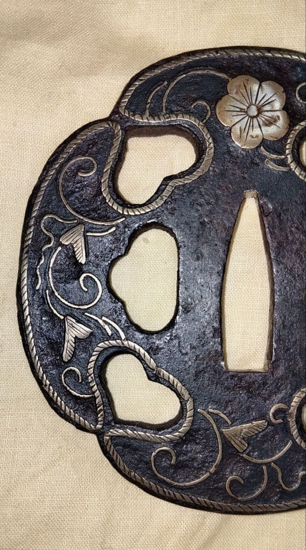 Heianjo Iron Tsuba Brass Inlay Mokko Inome Openwork, Momoyama-Edo Period, with Box