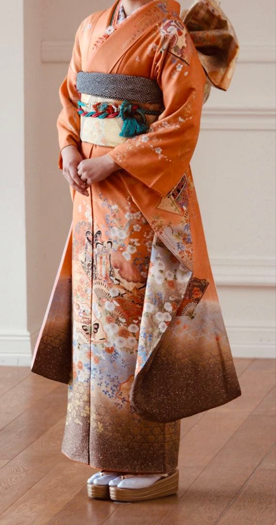 Furisode Full Set Pure Silk Salmon Orange with Artist Signature, Saga Nishiki Fukuro Obi