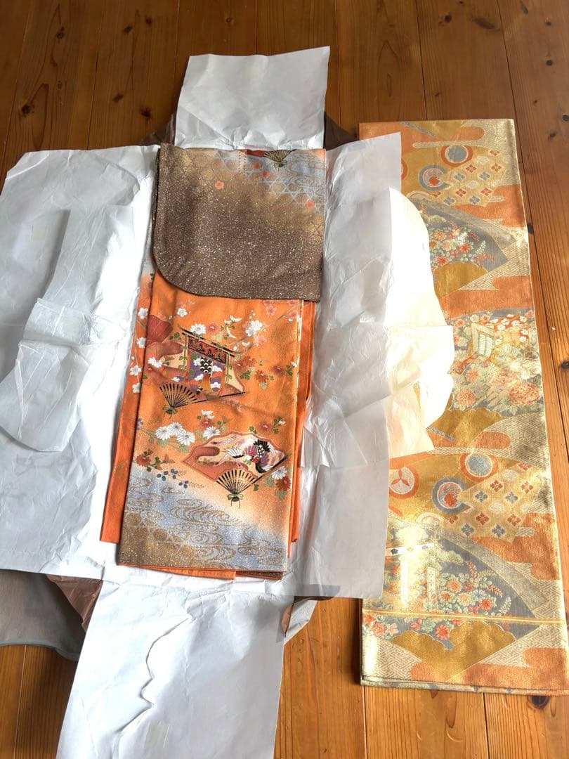 Furisode Full Set Pure Silk Salmon Orange with Artist Signature, Saga Nishiki Fukuro Obi