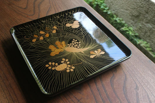 Set of 2 Japanese Footed Square Zen Trays Maki-e Lacquer