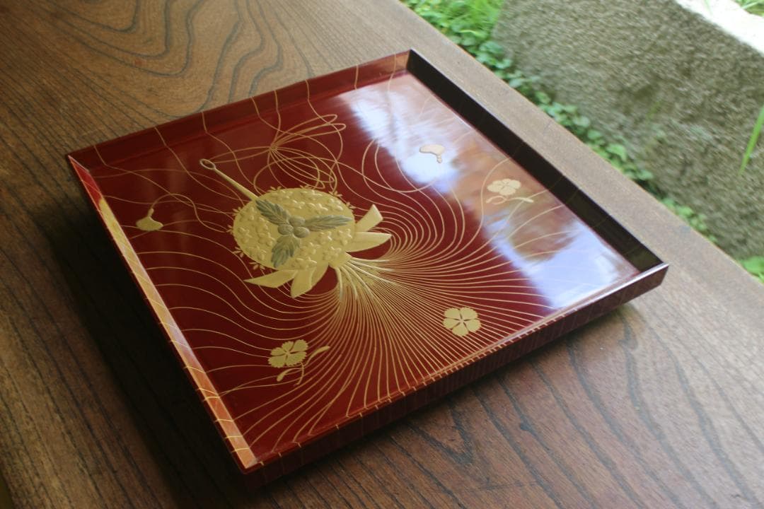 Set of 2 Japanese Footed Square Zen Trays Maki-e Lacquer