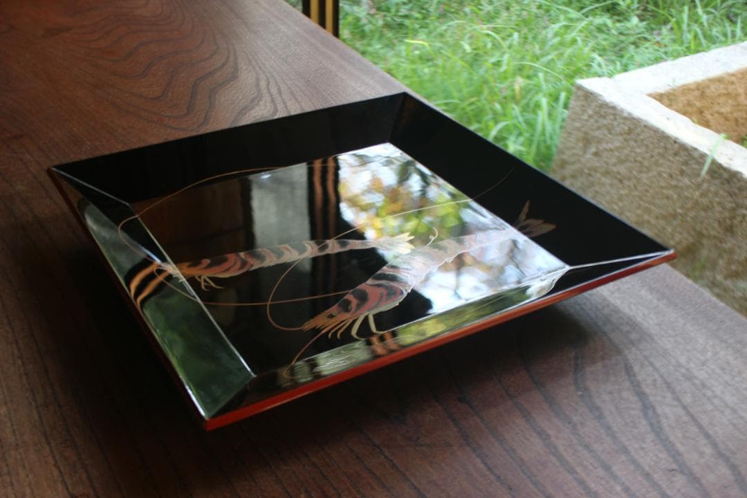 Wajima Lacquer Shiho Oshiki Tray Black Urushi with Shrimp Maki-e Design Width 30.3 cm