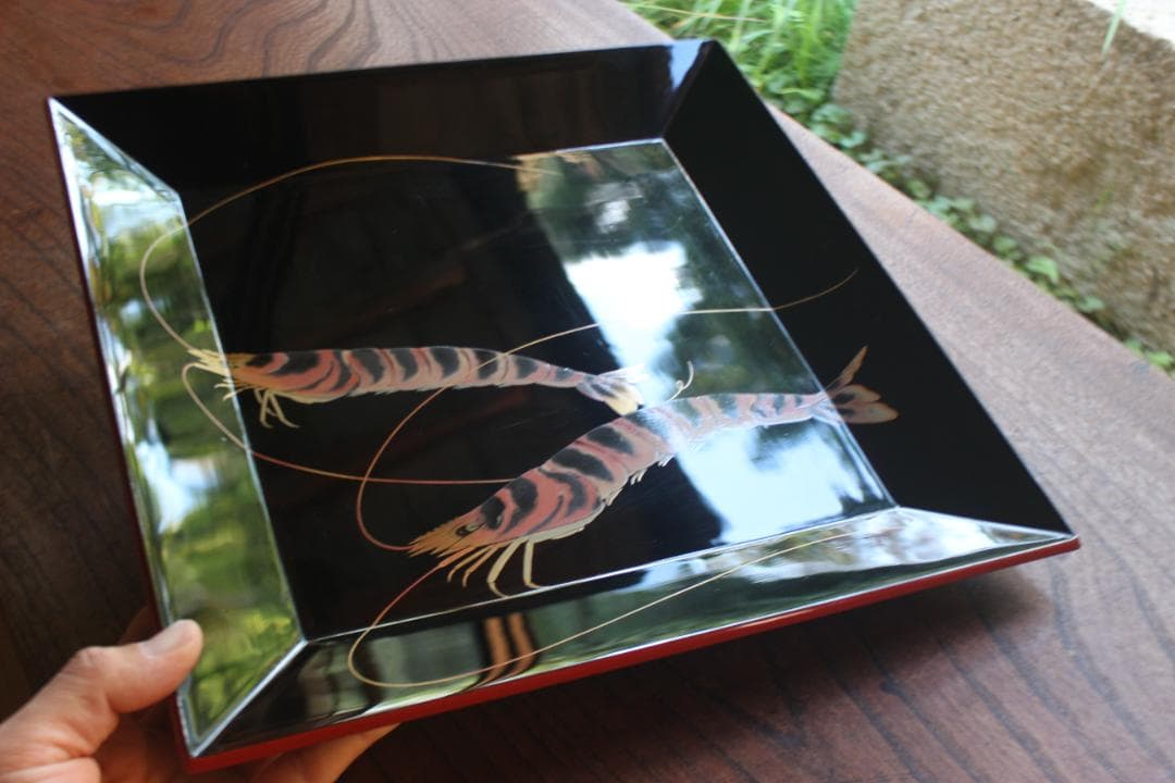 Wajima Lacquer Shiho Oshiki Tray Black Urushi with Shrimp Maki-e Design Width 30.3 cm