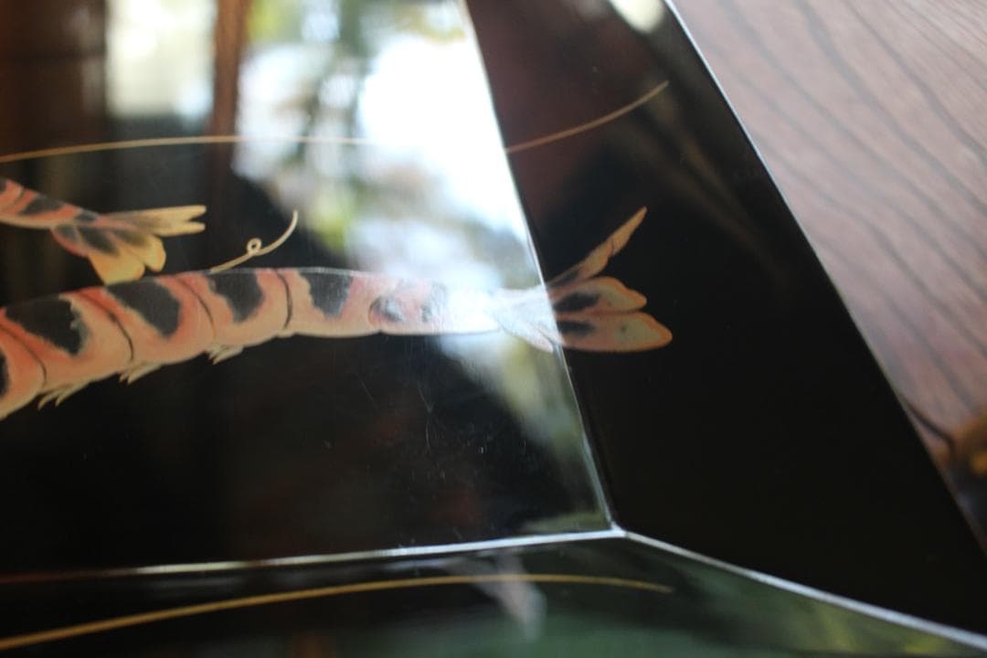 Wajima Lacquer Shiho Oshiki Tray Black Urushi with Shrimp Maki-e Design Width 30.3 cm