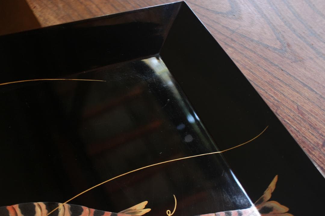 Wajima Lacquer Shiho Oshiki Tray Black Urushi with Shrimp Maki-e Design Width 30.3 cm