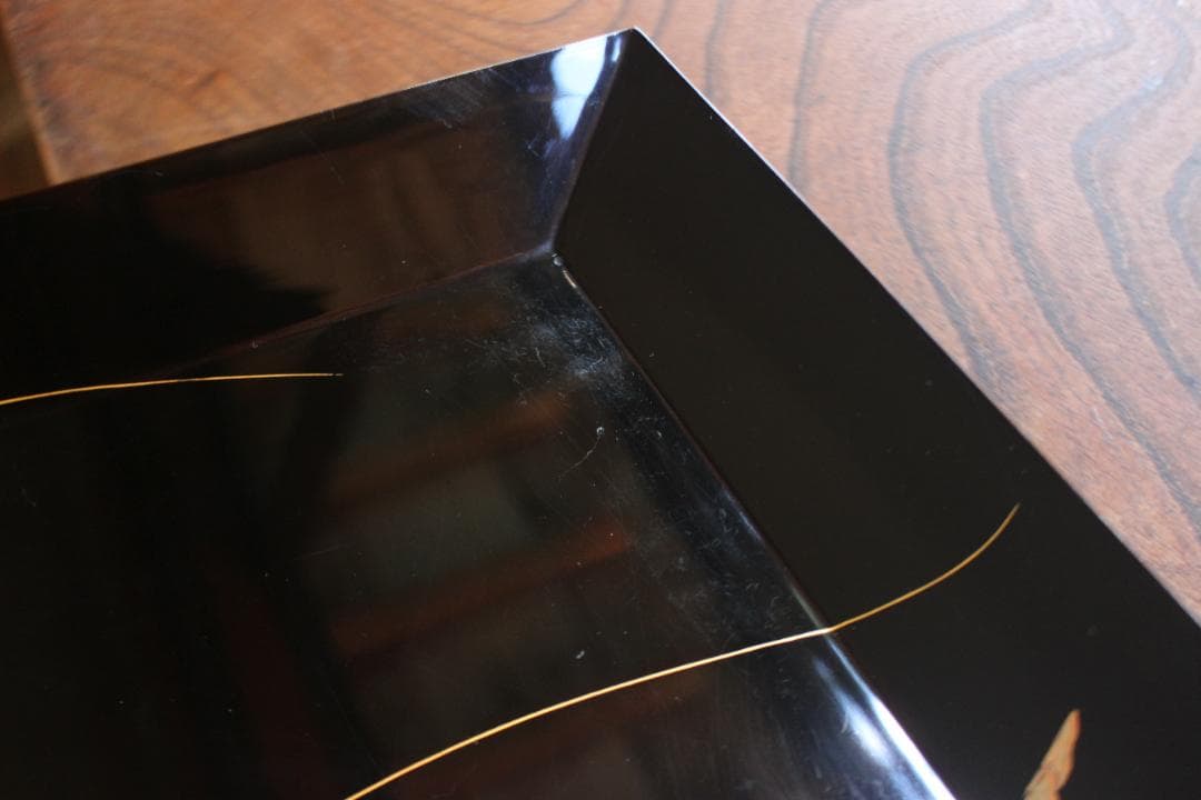 Wajima Lacquer Shiho Oshiki Tray Black Urushi with Shrimp Maki-e Design Width 30.3 cm