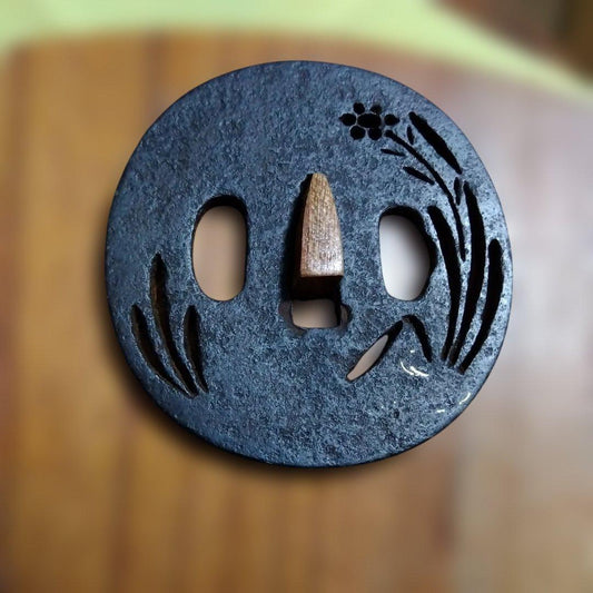 Iron Tsuba Sword Guard Floral Openwork Design Oval Unsigned