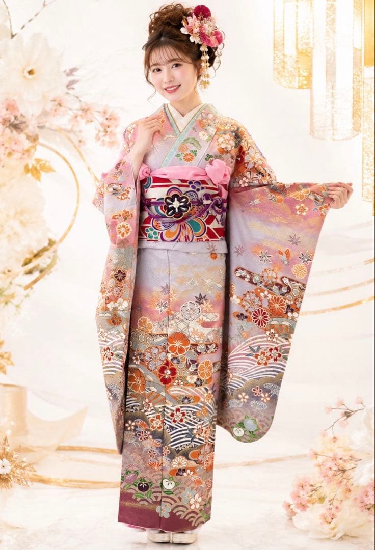 Silk Furisode Kimono Full Set with Fukuro Obi, Classic Floral Muted Color, Signed