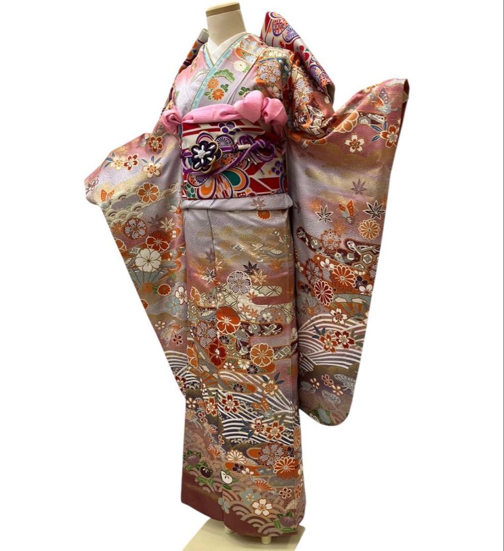Silk Furisode Kimono Full Set with Fukuro Obi, Classic Floral Muted Color, Signed
