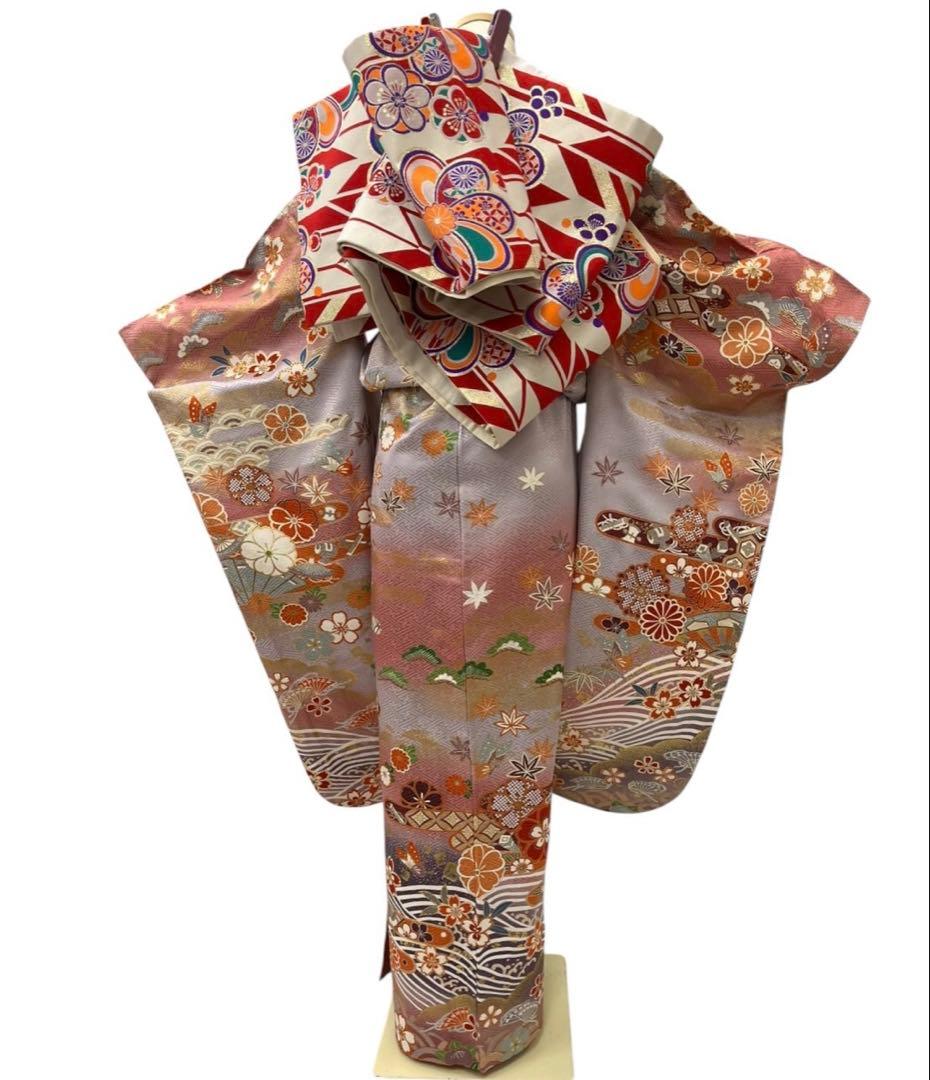 Silk Furisode Kimono Full Set with Fukuro Obi, Classic Floral Muted Color, Signed