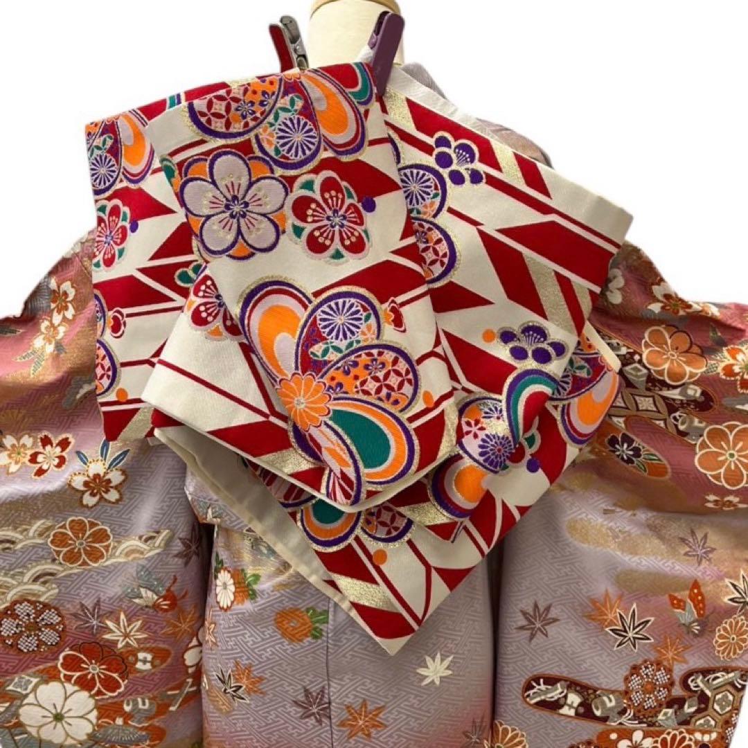 Silk Furisode Kimono Full Set with Fukuro Obi, Classic Floral Muted Color, Signed