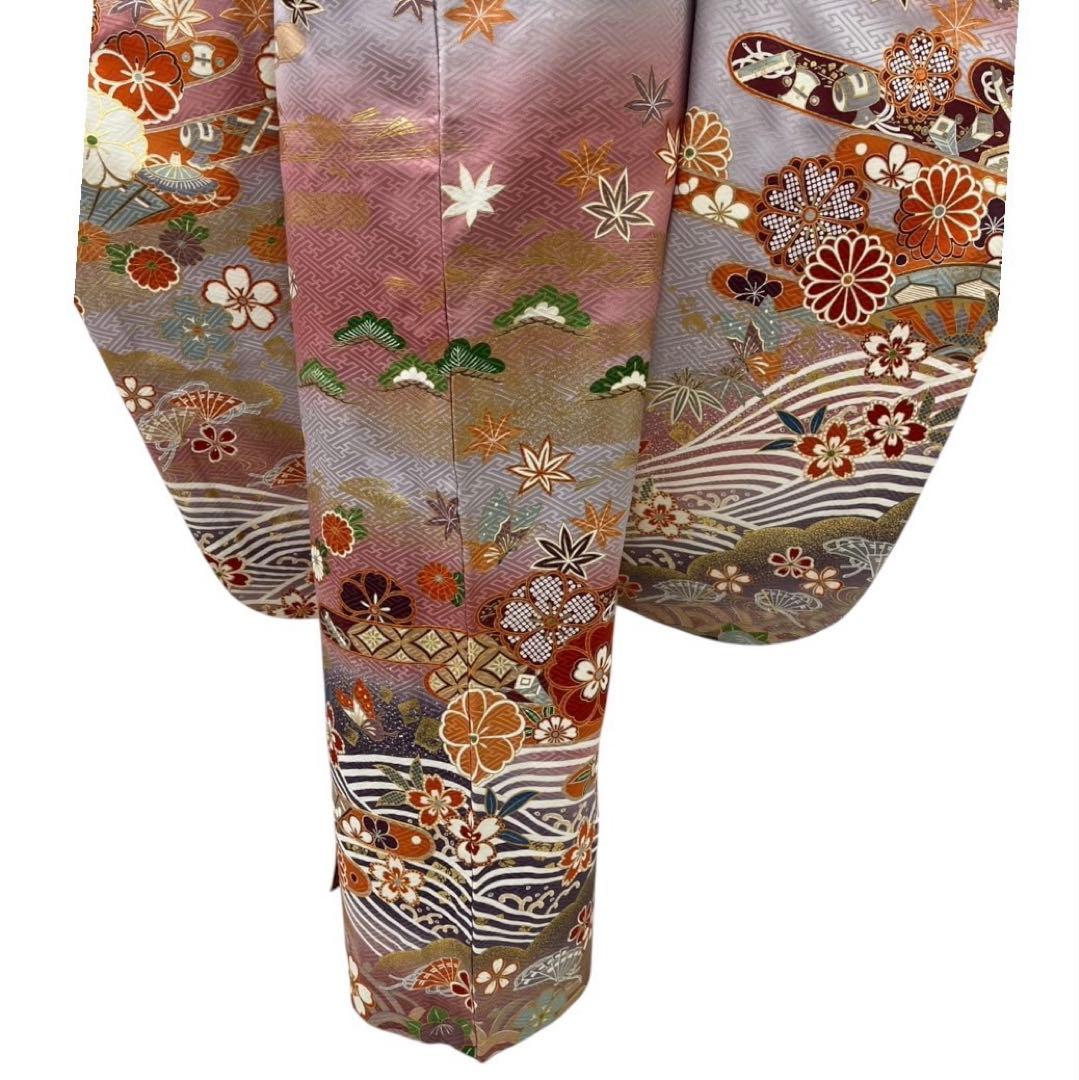 Silk Furisode Kimono Full Set with Fukuro Obi, Classic Floral Muted Color, Signed