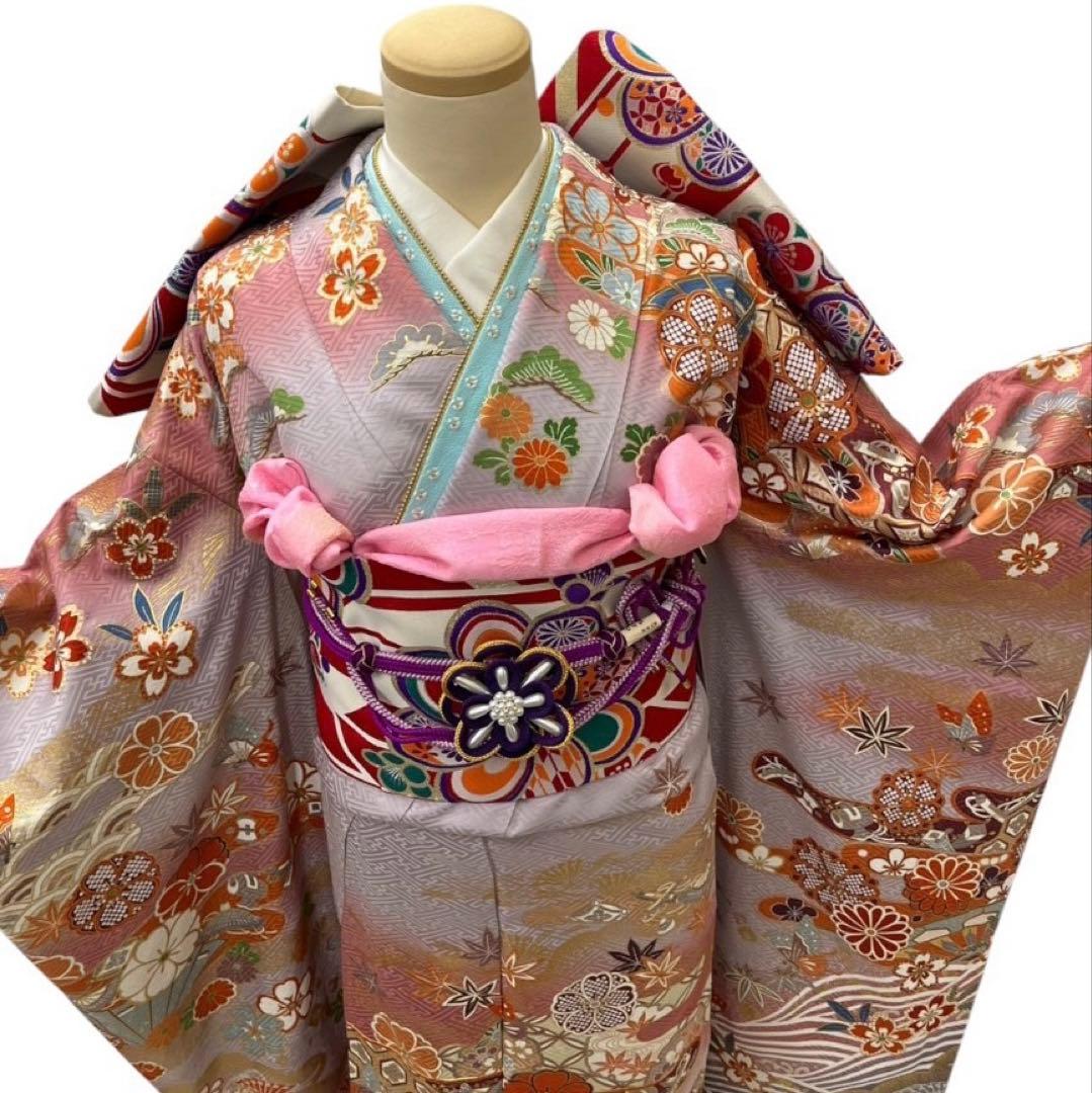 Silk Furisode Kimono Full Set with Fukuro Obi, Classic Floral Muted Color, Signed