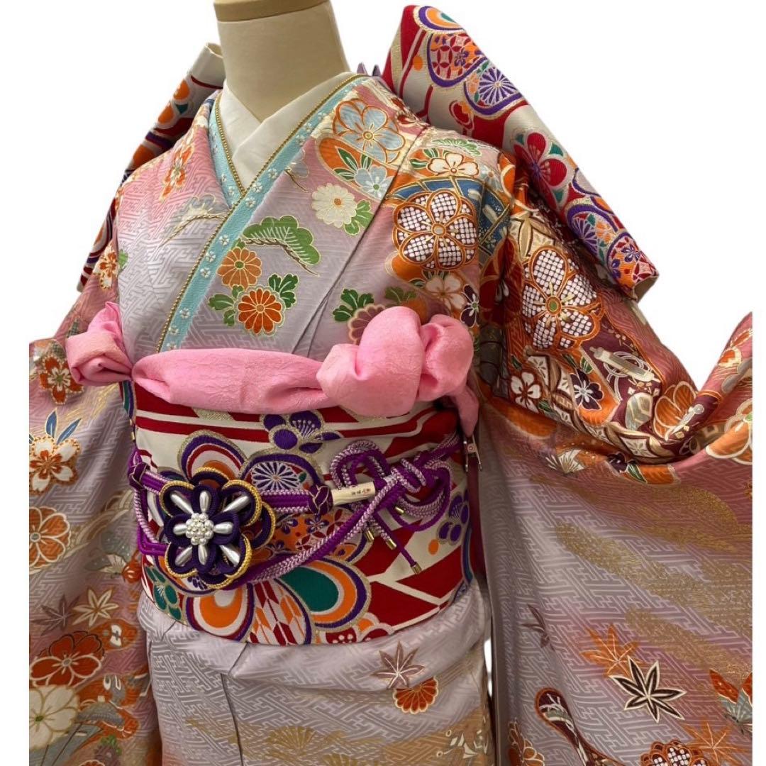 Silk Furisode Kimono Full Set with Fukuro Obi, Classic Floral Muted Color, Signed