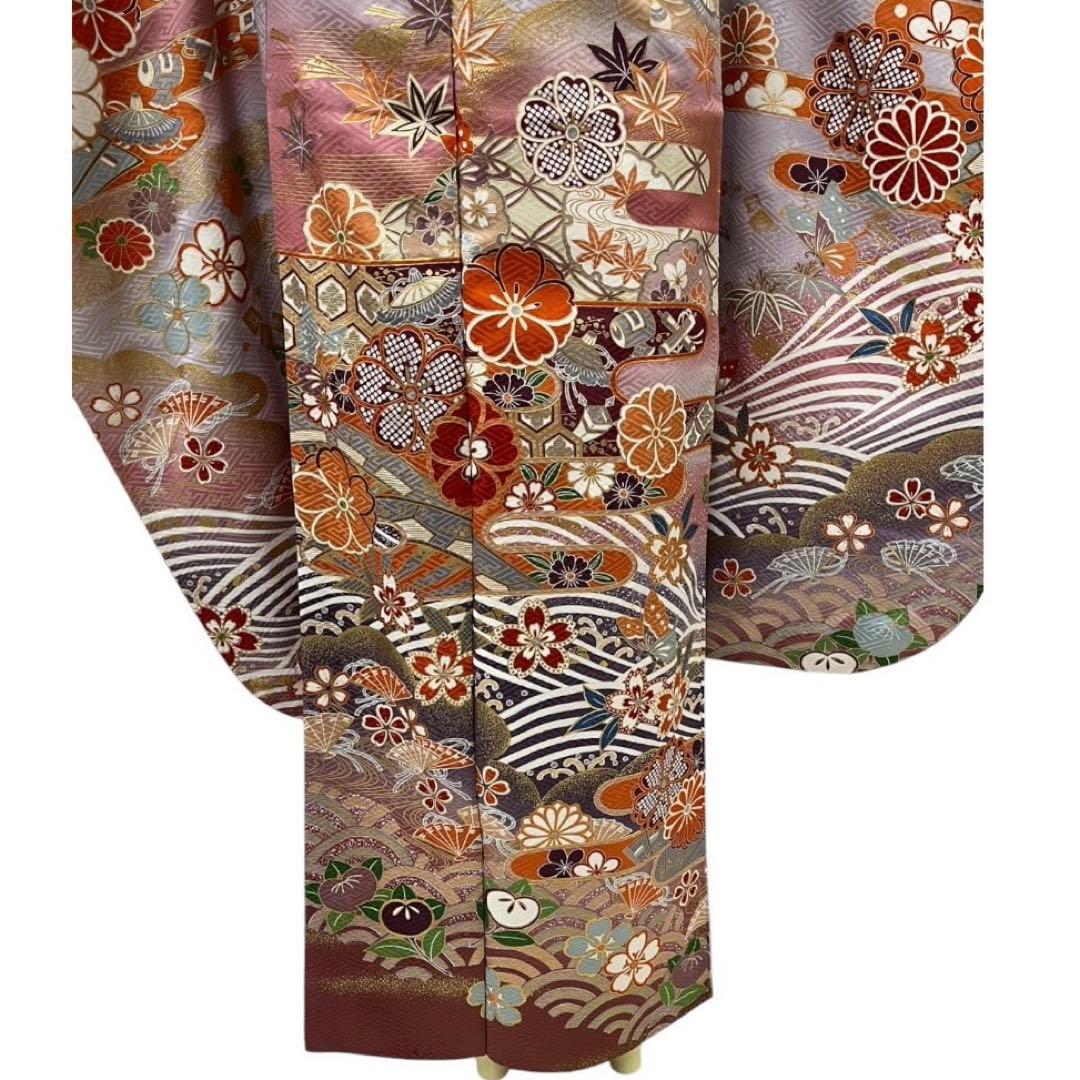 Silk Furisode Kimono Full Set with Fukuro Obi, Classic Floral Muted Color, Signed
